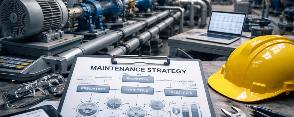 Industrial maintenance strategy showing preventive, predictive, and run to failure approaches in an industrial plant