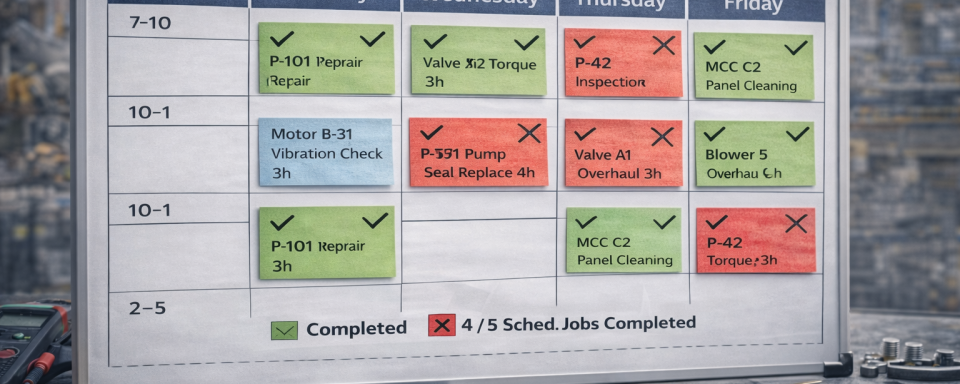 schedule compliance showing completed versus missed scheduled maintenance work