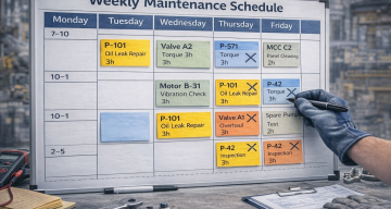 weekly maintenance scheduling board showing planned maintenance work