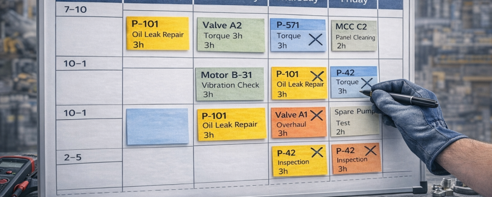 weekly maintenance scheduling board showing planned maintenance work