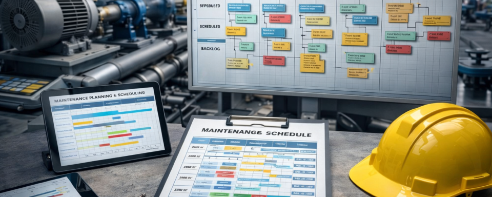 Maintenance planning and scheduling process showing planned work, backlog, and weekly schedule in an industrial plant